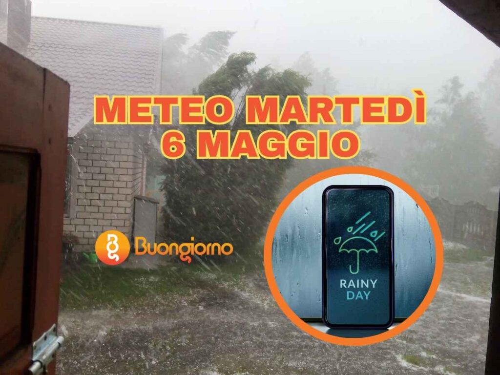Sullo sfondo una raffica di vento con grandine. In primo piano. il meteo di martedì 6 maggio
