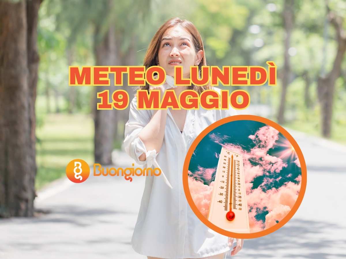 Meteo lunedì 19 maggio in primo piano. Sullo sfondo una ragazza al parco che soffre il caldo