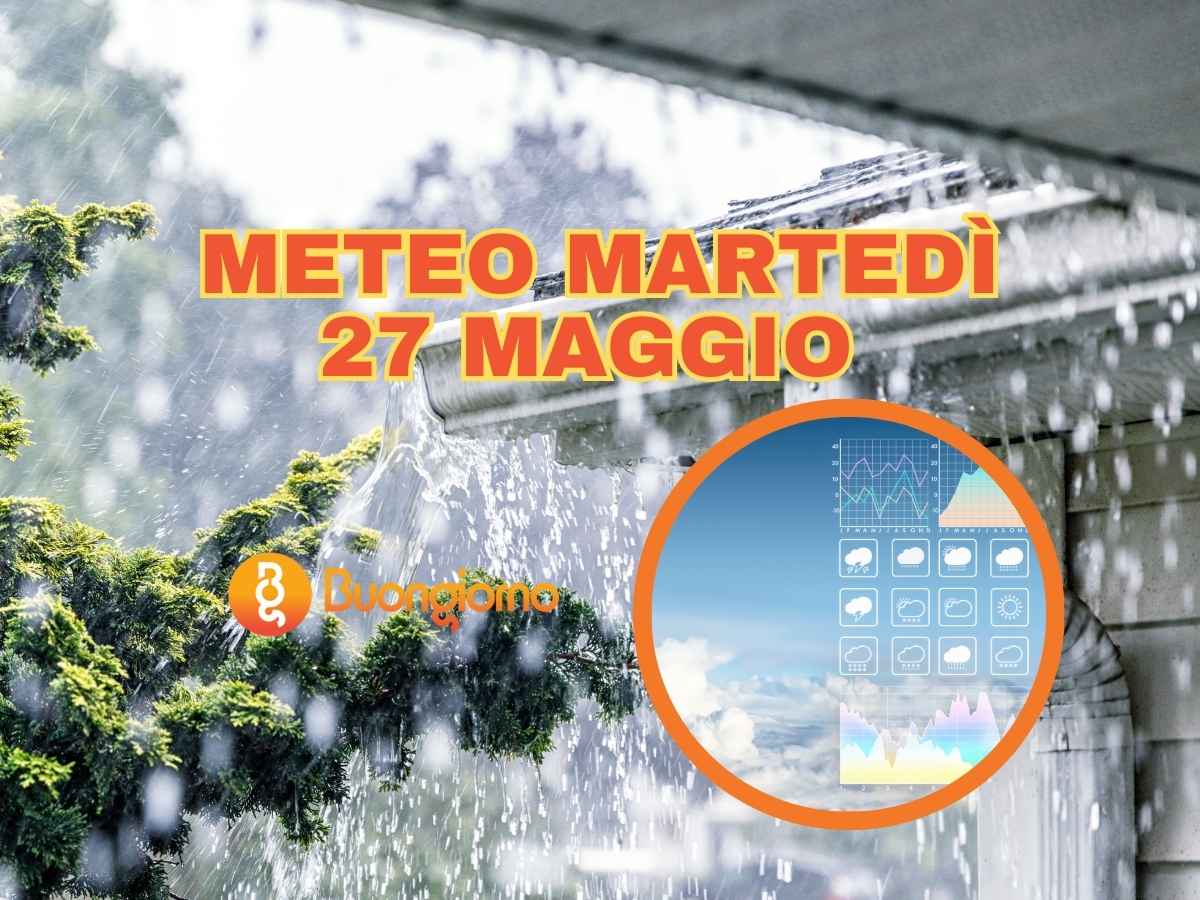 Sullo sfondo la pioggia in giardino. In primo piano il meteo di martedì 27 maggio 2025