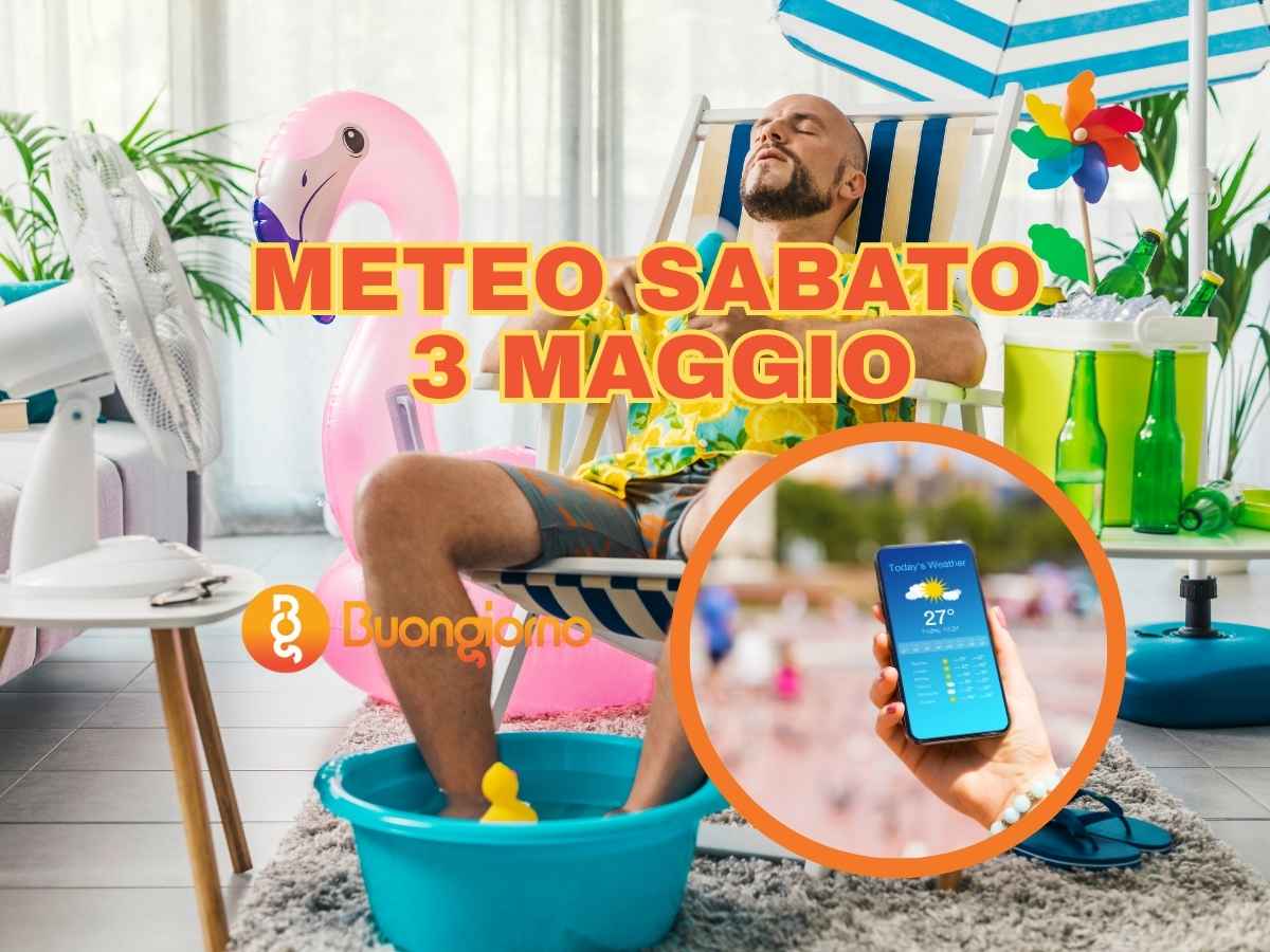 Sullo sfondo un ragazzo che trova rimedi contro il caldo. In primo piano il meteo di sabato 3 maggio