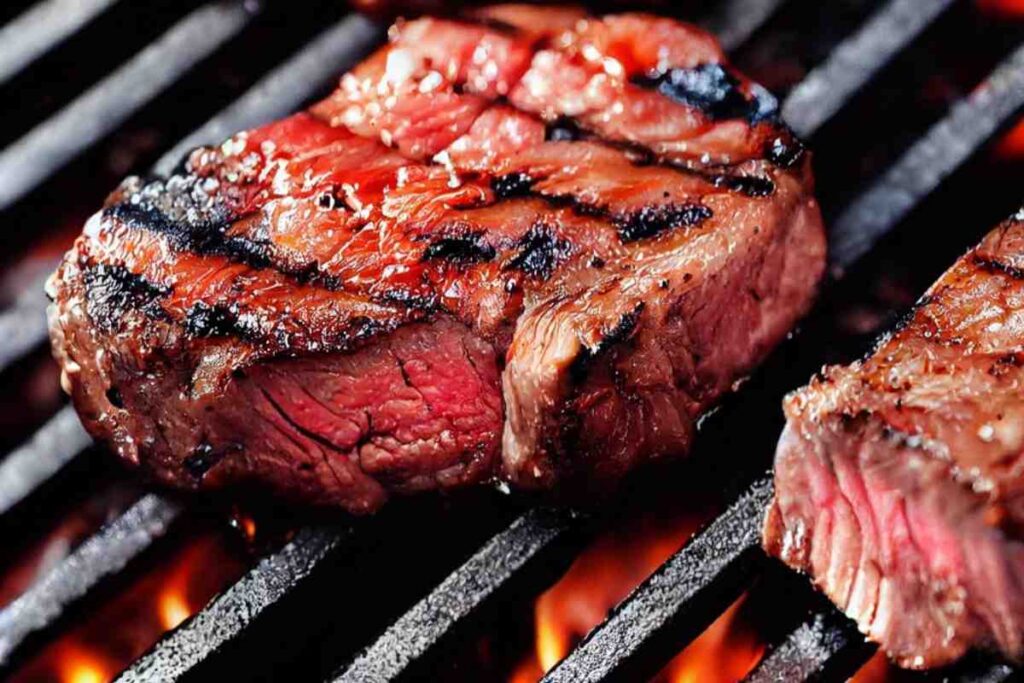 fetta di carne al sangue sopra la griglia