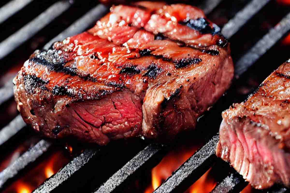 fetta di carne al sangue sopra la griglia