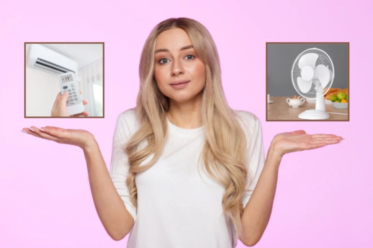 donna con aria interrogativa e miniatura di condizionatore e ventilatore