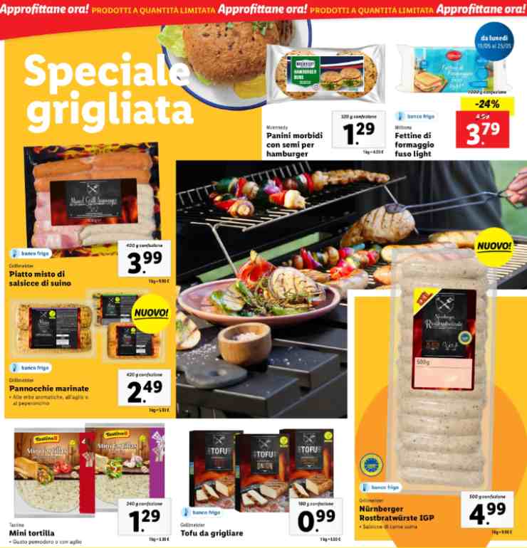 volantino del lidl con salsicce, tofu, pannocchie e prodotti da grigliare