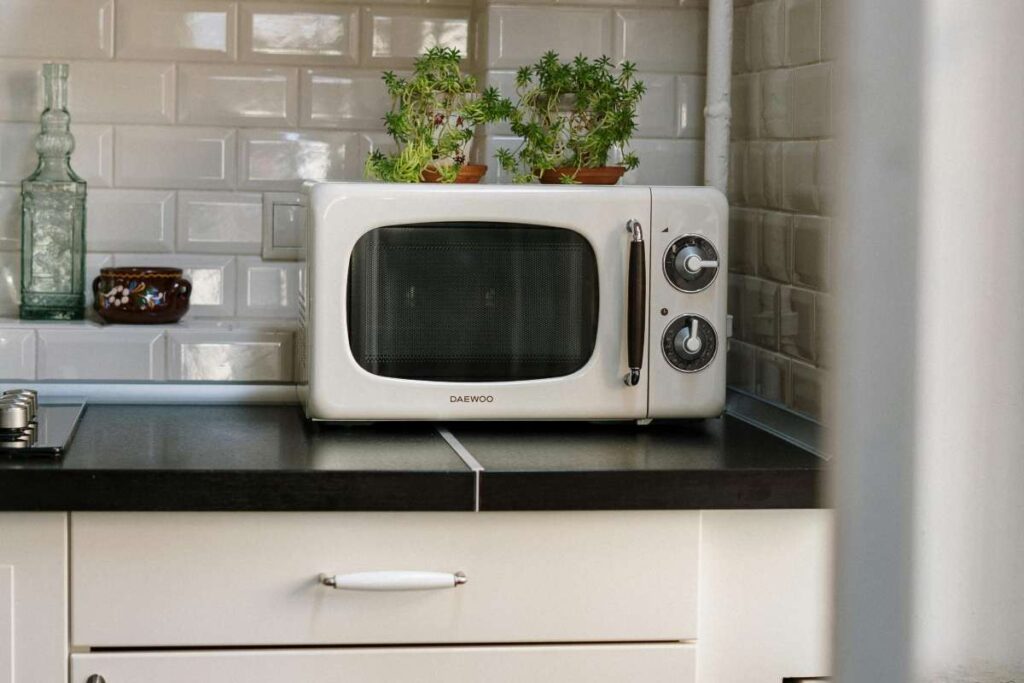 forno a microonde sul mobile della cucina con sopra delle piante