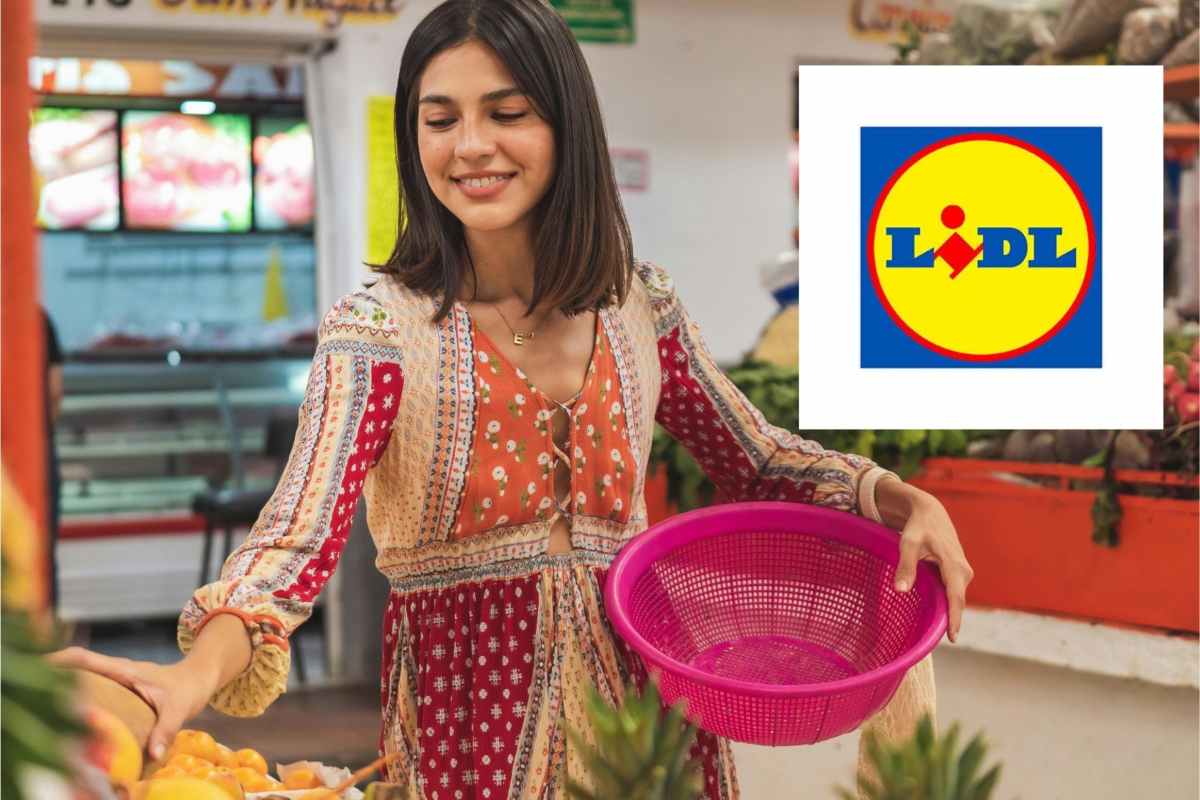 donna che fa la spesa con un cestino in mano e accanto il logo di lidl