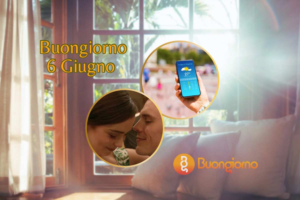 Telefono con meteo e due persone che sorridono con sfondo soggiorno assolato