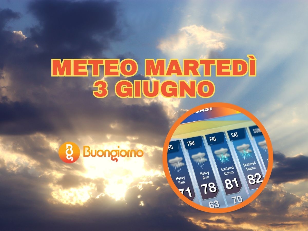 Sullo sfondo un temporale con il sole che fa capolino. In primo piano il meteo di martedì 3 giugno 2025