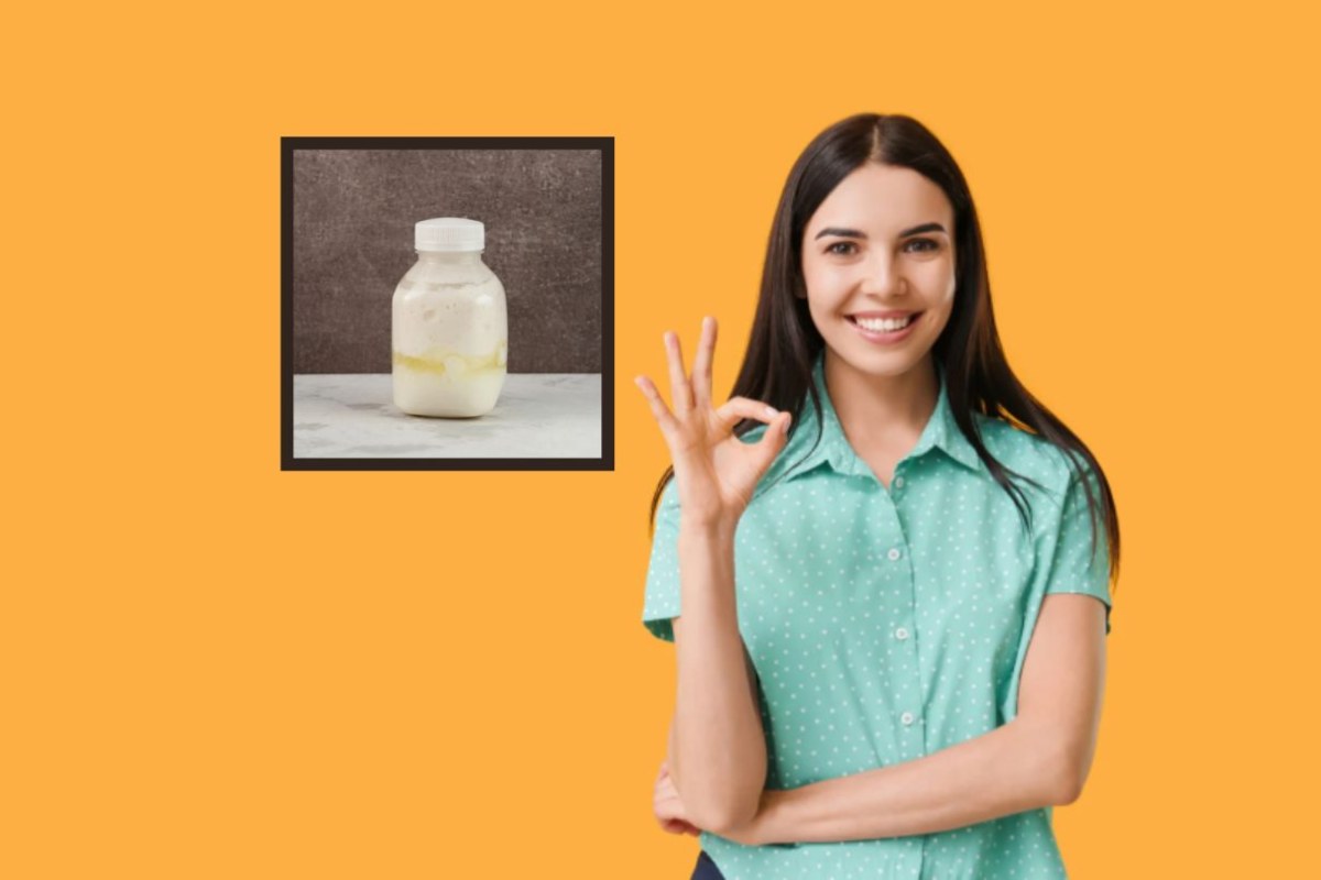 donna che sorride e fa ok con le dita e nel riquadro una bottiglia con dentro latte scaduto