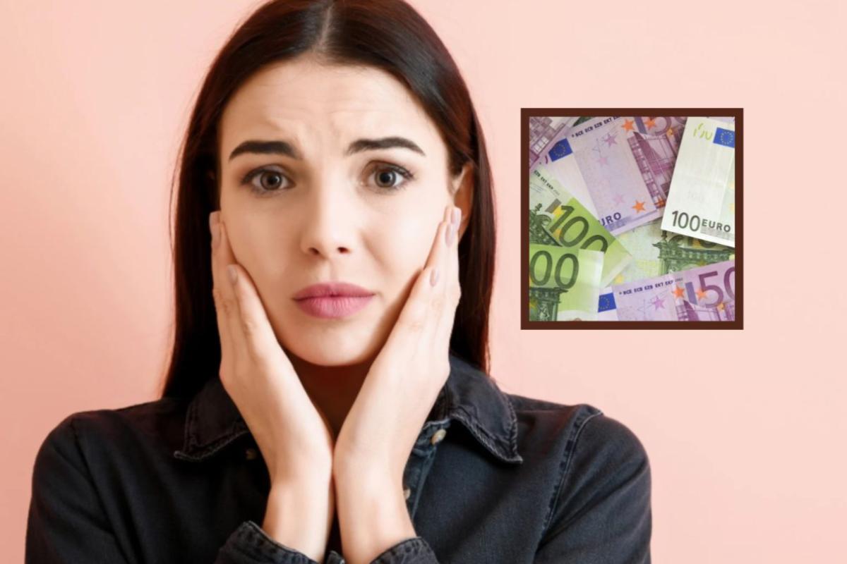 donna preoccupata con le mani sulle guance e nel riquadro delle banconote