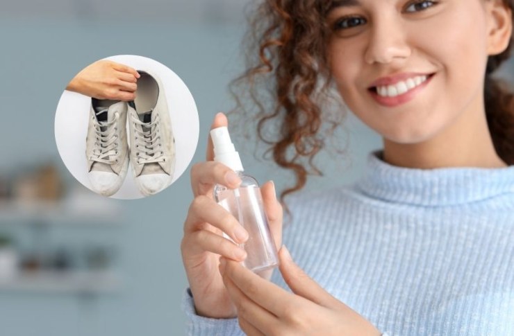 donna con in mano uno spruzzino e nel riquadro un paio di scarpe da ginnastica
