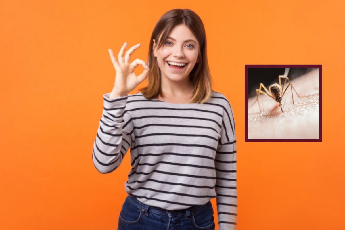 donna che sorride e fa ok con le dita e nel riquadro una zanzara