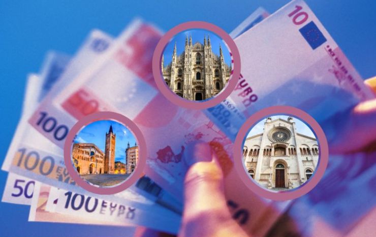 banconote e nei riquadri i duomi di milano parma e modena