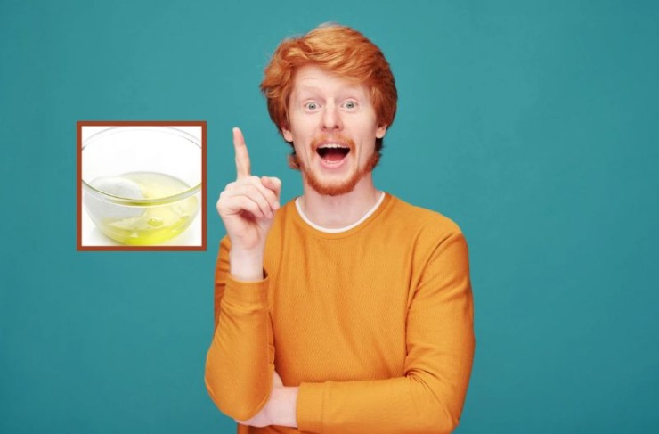 uomo con la bocca aperta e l'indice alzato e nel riquadro una ciotola con dentro un liquido e dello zucchero
