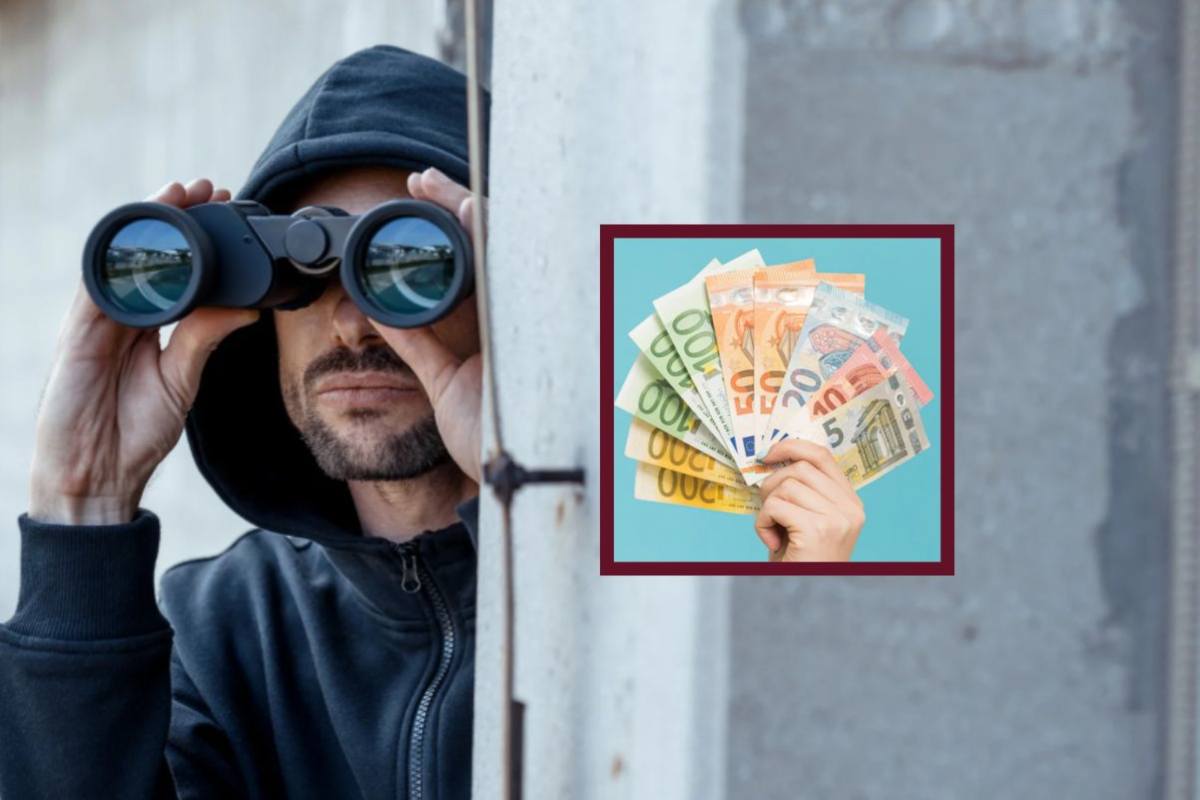 uomo con i binocoli e nel riquadro una mano che tiene tante banconote
