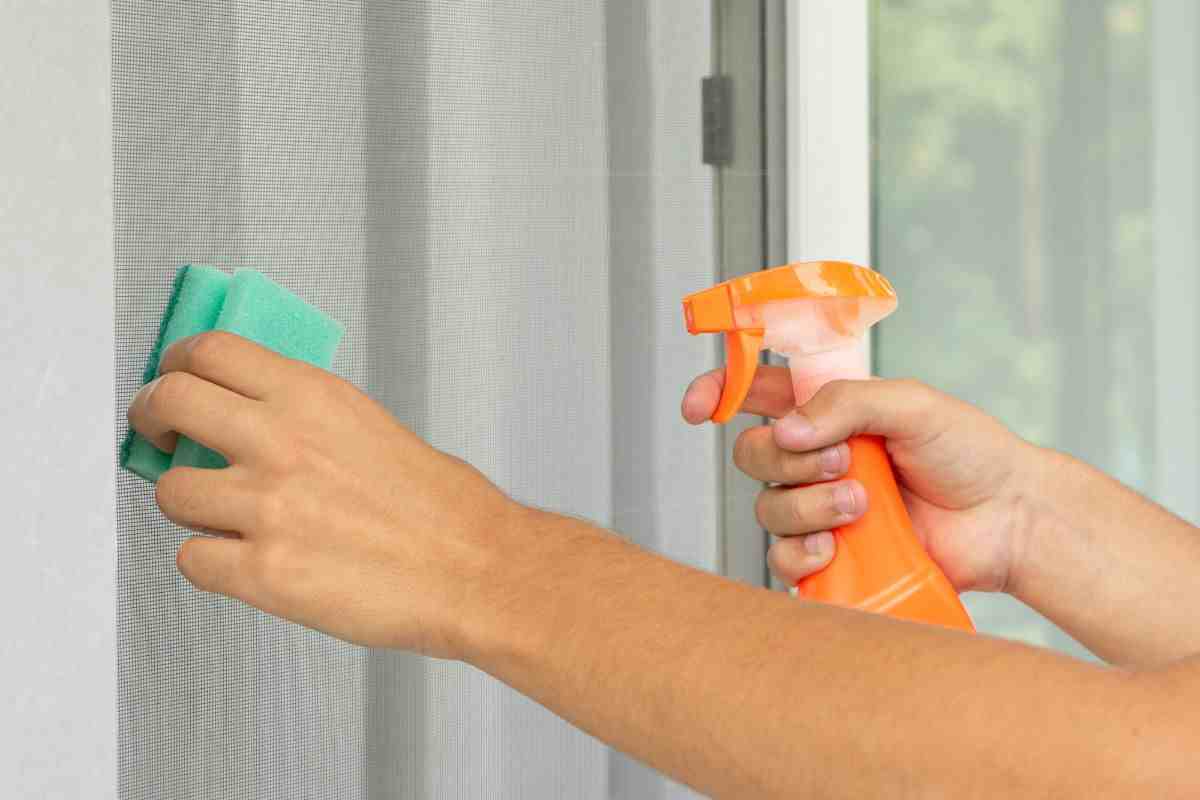 pulire zanzariera con spugna e spray