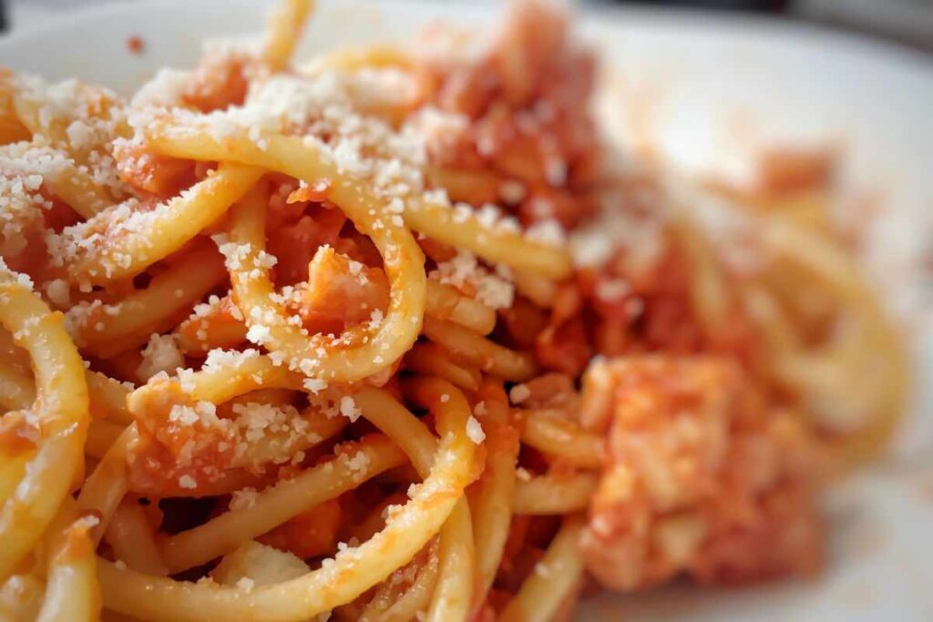 bucatini all'amatriciana in primo piano