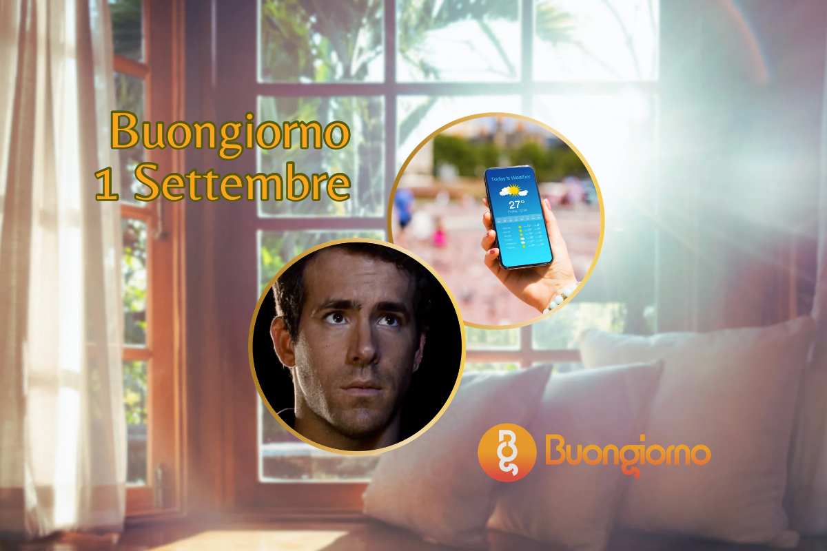 Sfondo con finestre, cellulare con meteo e Ryan Reynolds