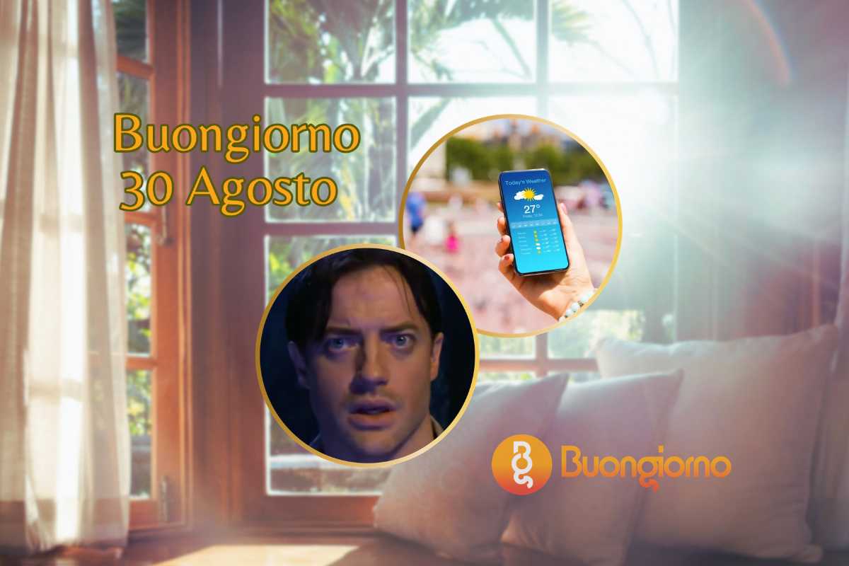 Sfondo con finestre, cellulare con meteo e Brendan Fraser