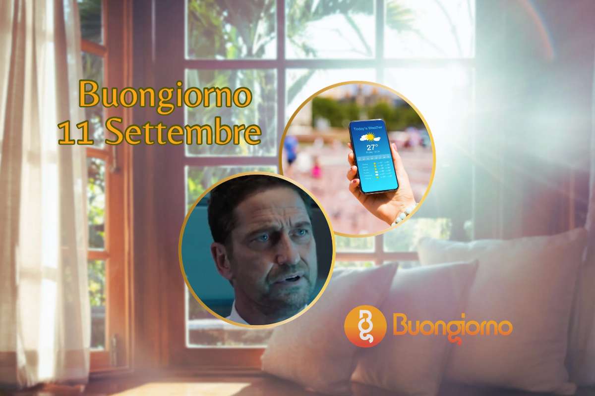 Sfondo con finestre e cellullare con meteo