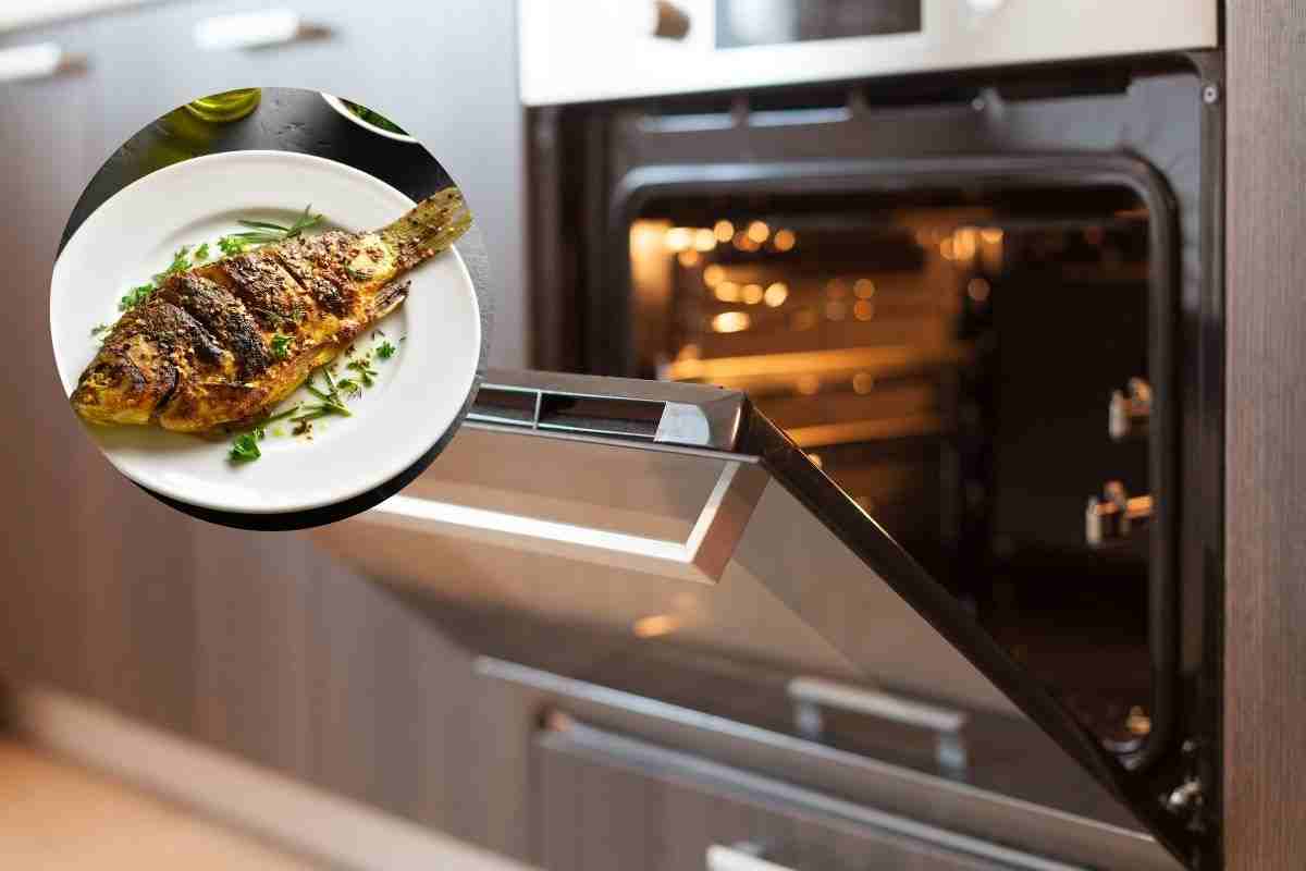 forno con sportello aperto e pesce fritto