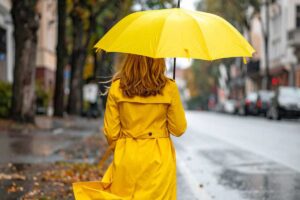 Donna con cappotto e ombrello gialli sotto la pioggia