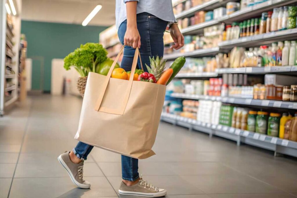 Donna al supermercato con busta di carta piena di verdure