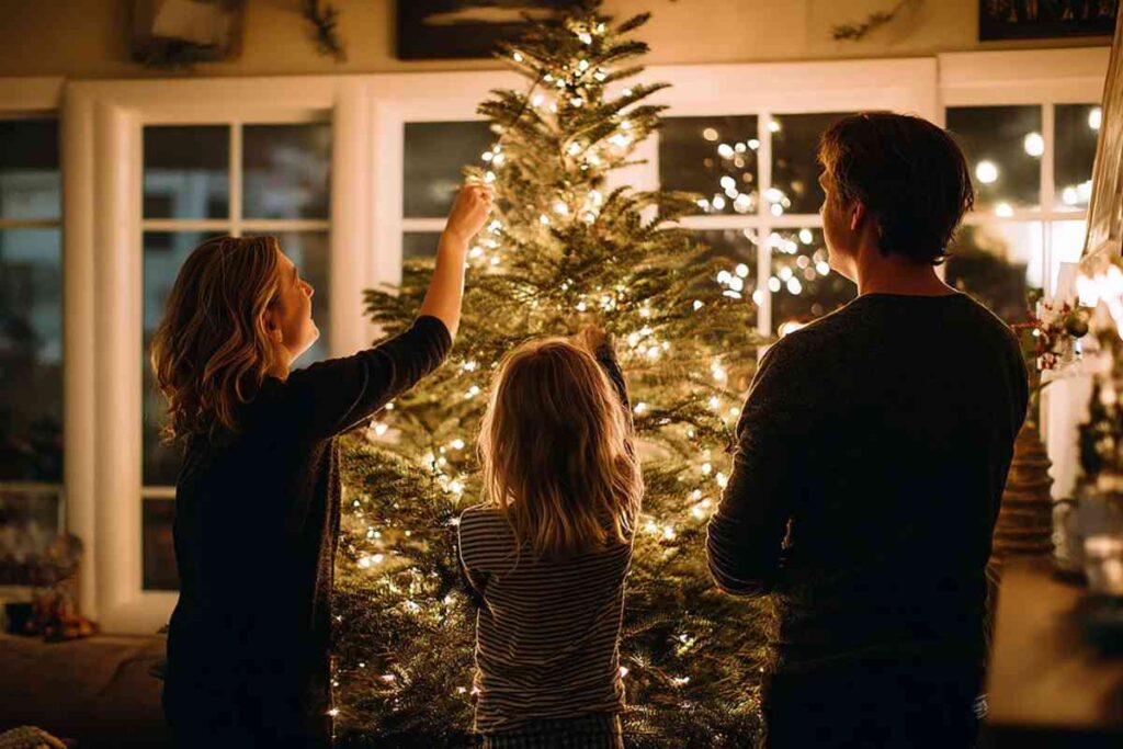 Due adulti e una bambina che addobbano albero di Natale