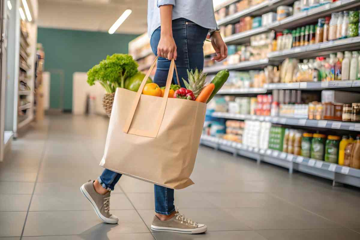 Persona al supermercato con sacchetto in mano